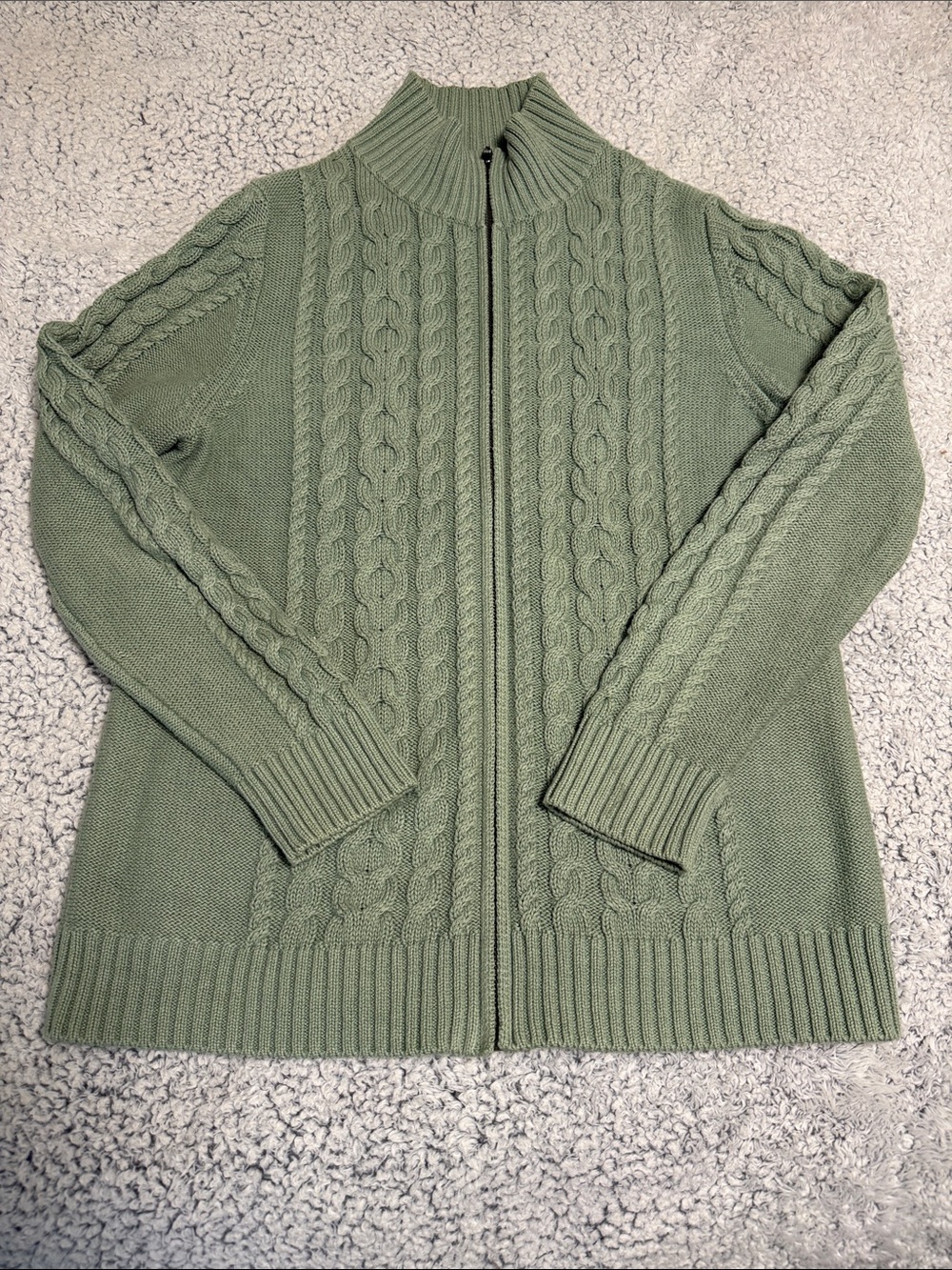 L.L. Bean Olive Green Cable-Knit Zip Cardigan